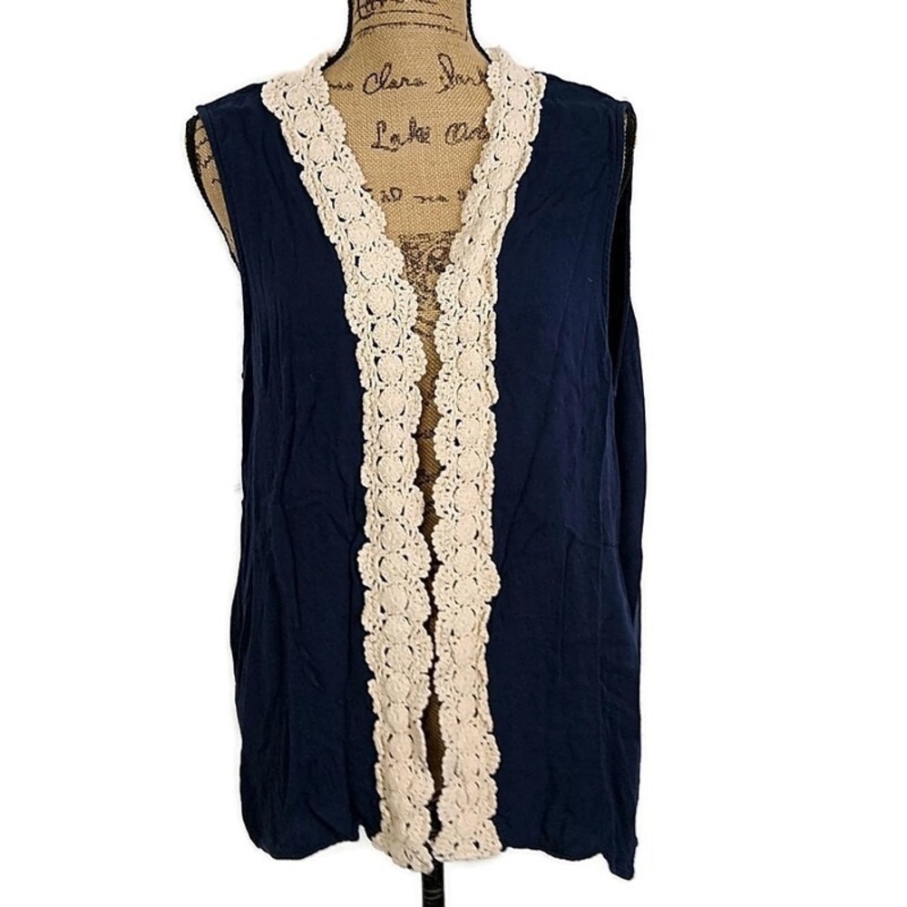 Umgee Navy Crochet Trim Open Front Vest Boho Layering Top Coastal Festival sz‎ L